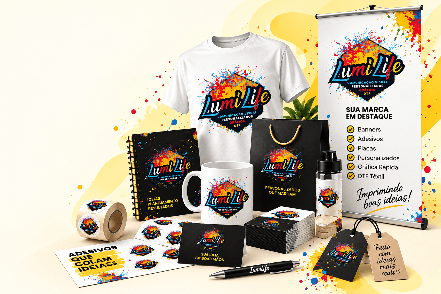 Produtos personalizados LumiLife: camiseta, caneca, sacola, adesivos, cartões, tags e banner